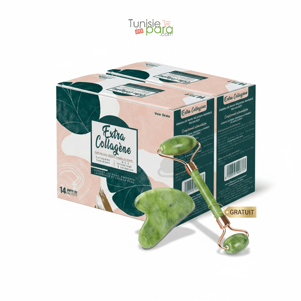 Extra Collagene Pack 2 Boites + Rouleau Massage Du Visage Pierre De Jade Vert Planche De Guasha (offert)