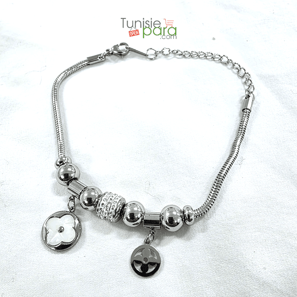 Bracelet Eclat Trefle En Acier Inoxydable – Style Argente Et Nacre