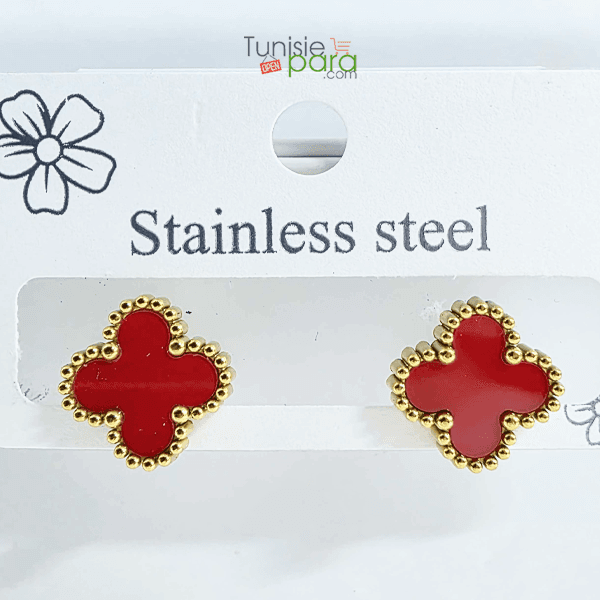 Boucles D Oreilles Puces Coquelicot – Trefles Rouges Et Or En Acier Inoxydable