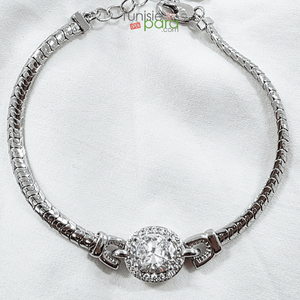 Bracelet Argente En Acier Inoxydable – Medaillon Central Halo Scintillant Et Maille Serpent