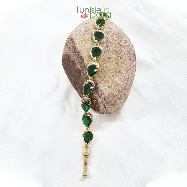 Bracelet Riviere En Acier Inoxydable Dore – Pierres Vert Emeraude En Goutte