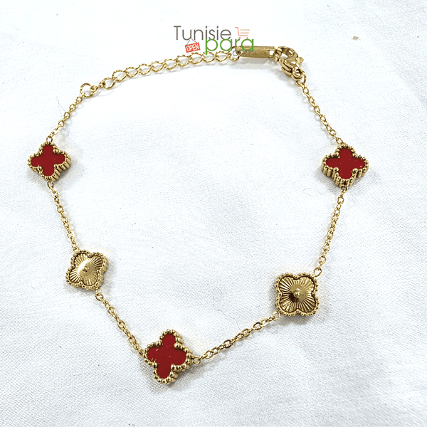 Bracelet Trefle Passion – Finition Doree Et Email Rouge En Acier Inoxydable