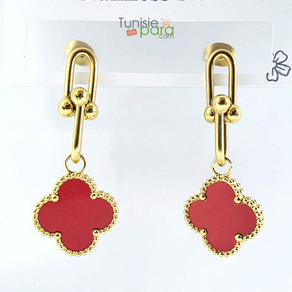 Boucles D Oreilles Pendantes Rubis – Maillons Modernes Et Trefles Rouges En Acier Inoxydable