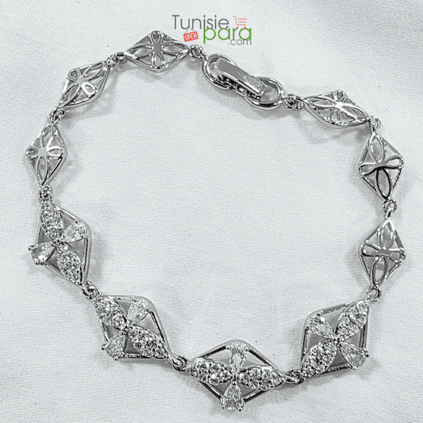 Bracelet Argente De Luxe – Losanges Ciseles Et Fleurs De Cristaux Scintillants