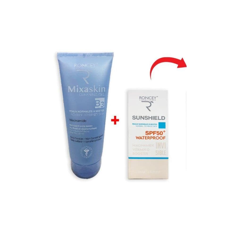 Roncey Pack Mixaskin GEL Nettoyant + Sunshield Waterproof Peau Mixte Spf50+ Invisible Pnm