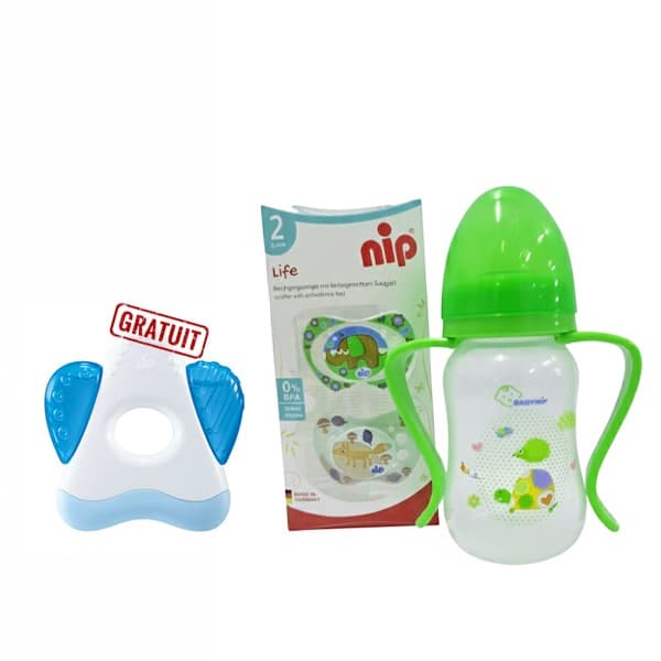Nip Pack Biberon Vert125ml + 2 Sucettes Nip 5-18m + Anneau Bleu Gratuit