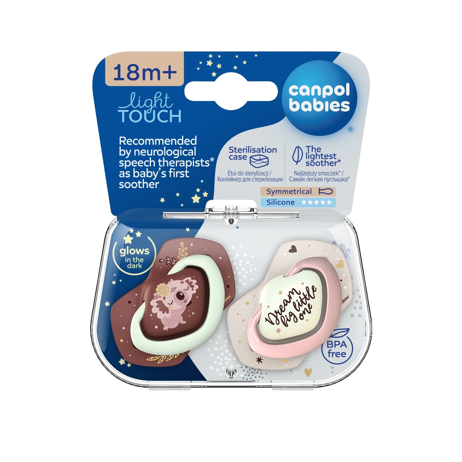 Canpol 2 Sucettes Light Touch 18m+ Symetrique Brille Dans Le Noir Sleepy Koala Rose 22/660