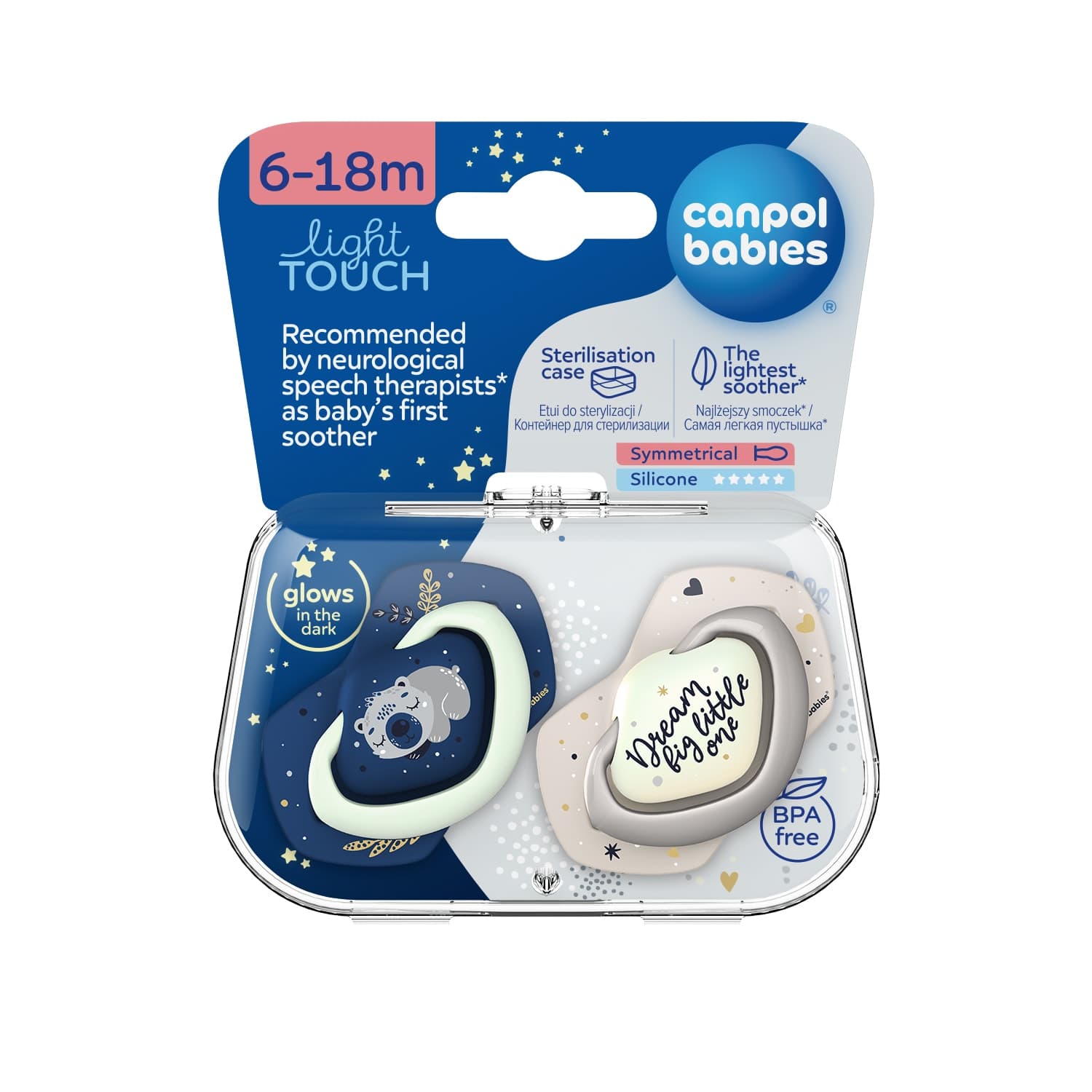 Canpol 2 Sucettes Light Touch 6-18M Symetrique Brille Dans Le Noir Sleepy Koala Bleu 22/659