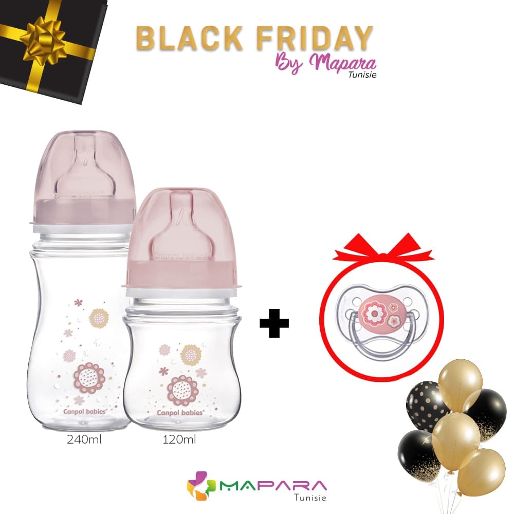 Canpol Biberon Rose 120ml + Biberon Rose 240ml + Sucette Rose 0-6M (offert)