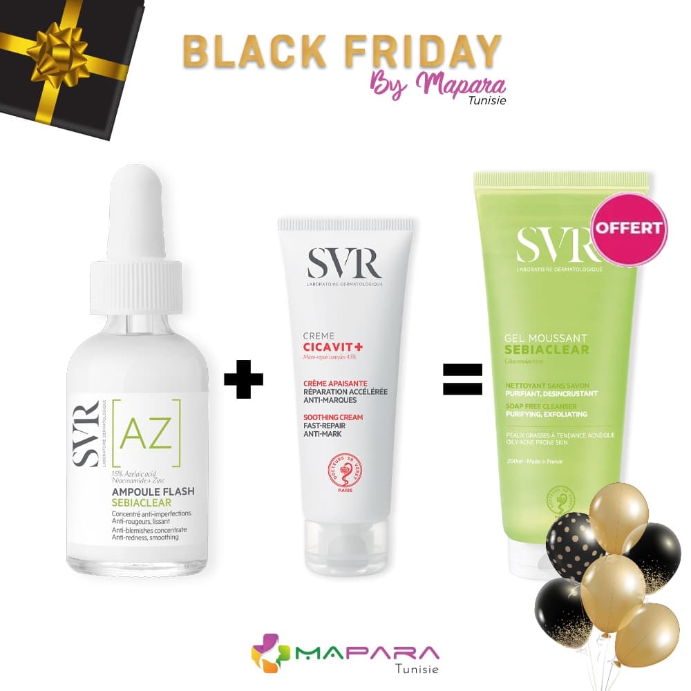 SVR Sebiaclear Ampoule Flash Az 30ml + Cicavit+ Creme 40ml + Sebiaclear GEL Moussant 200ml (offert)