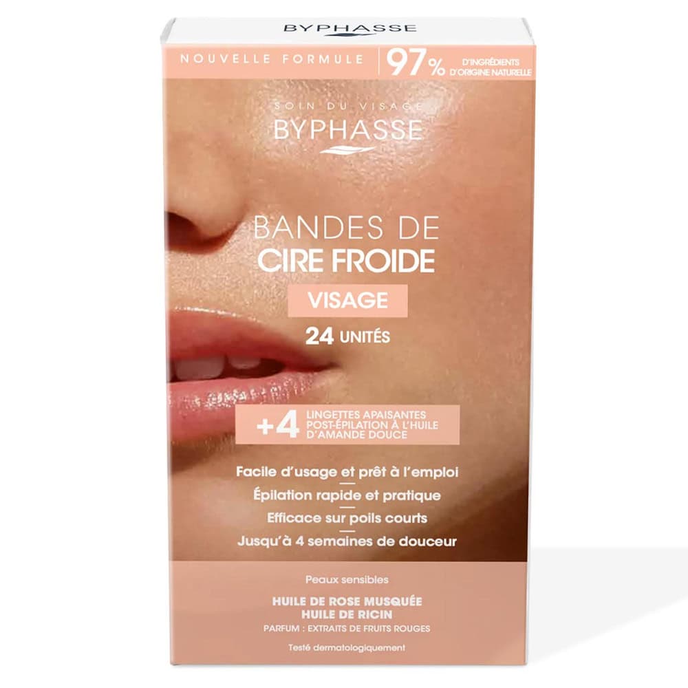 Byphasse Bandes De Cire Froide (24 Bandes + 4 Lingettes) Visage Et Zones Delicates Peaux Sensibles