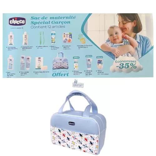 Chicco Sac Maternite Garcon – 12 Produits Essentiels + Sac Bleu Offert