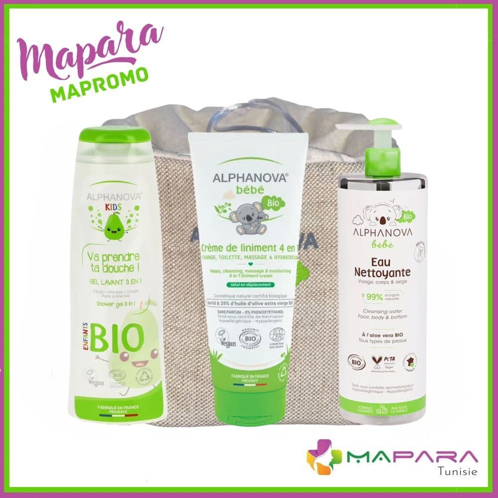 Alphanova Bebe Bio – Creme De Liniment 4en1 + GEL Lavant Enfant Poire 250ml + Eau Nettoyante 400ml + Trousse Offerte