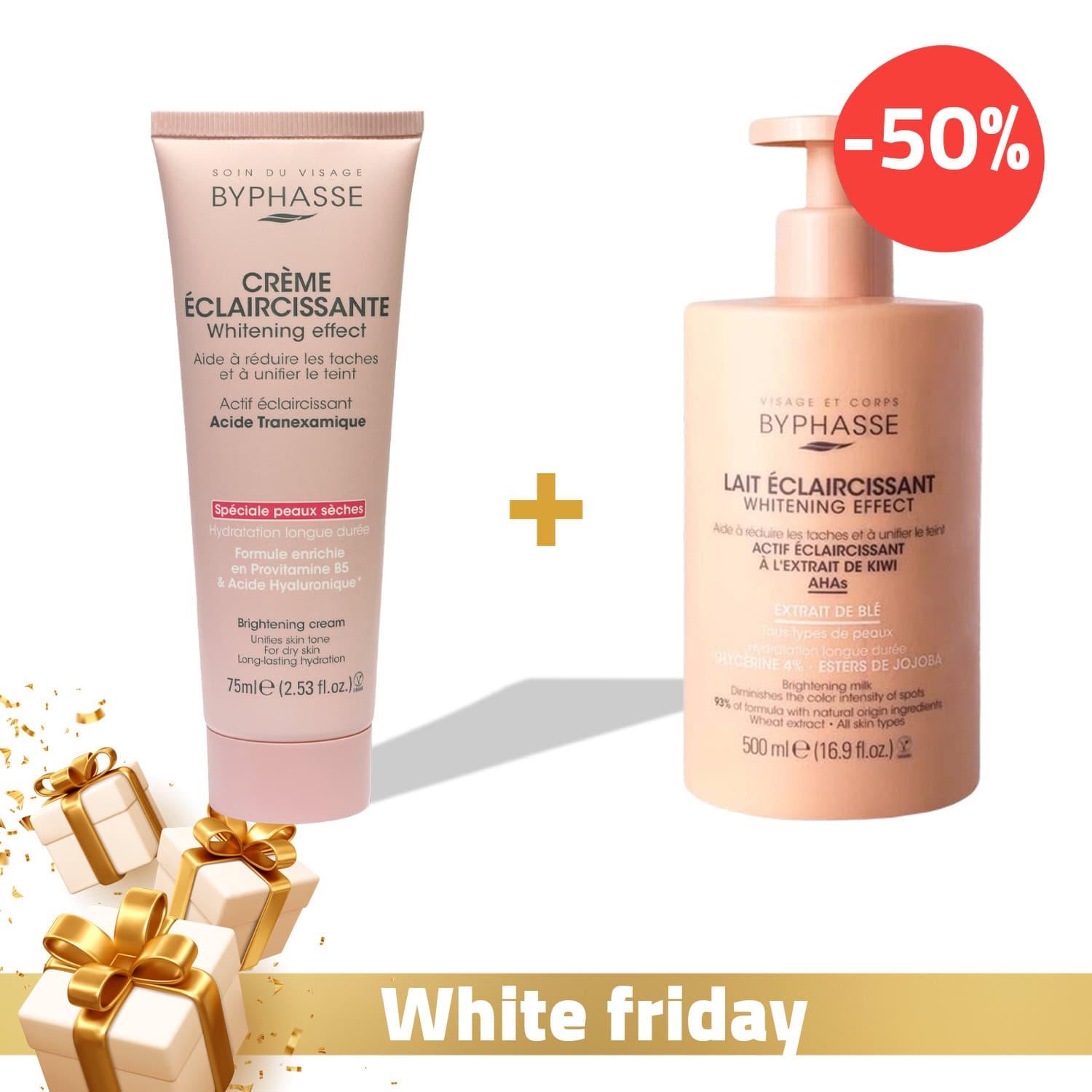 Byphasse Creme Visage Eclaircissante Speciale Peaux Seches 75ml + Byphasse Lait Eclaircissant Extrait De Ble 500ml 50%