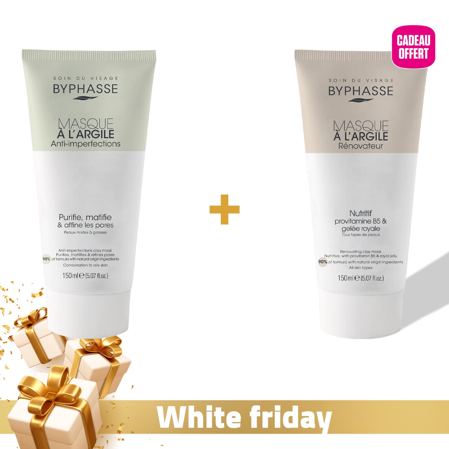 Byphasse Masque A L’argile Anti-imperfections 150ml + Masque A L’argile Renovateur 150ml Offert