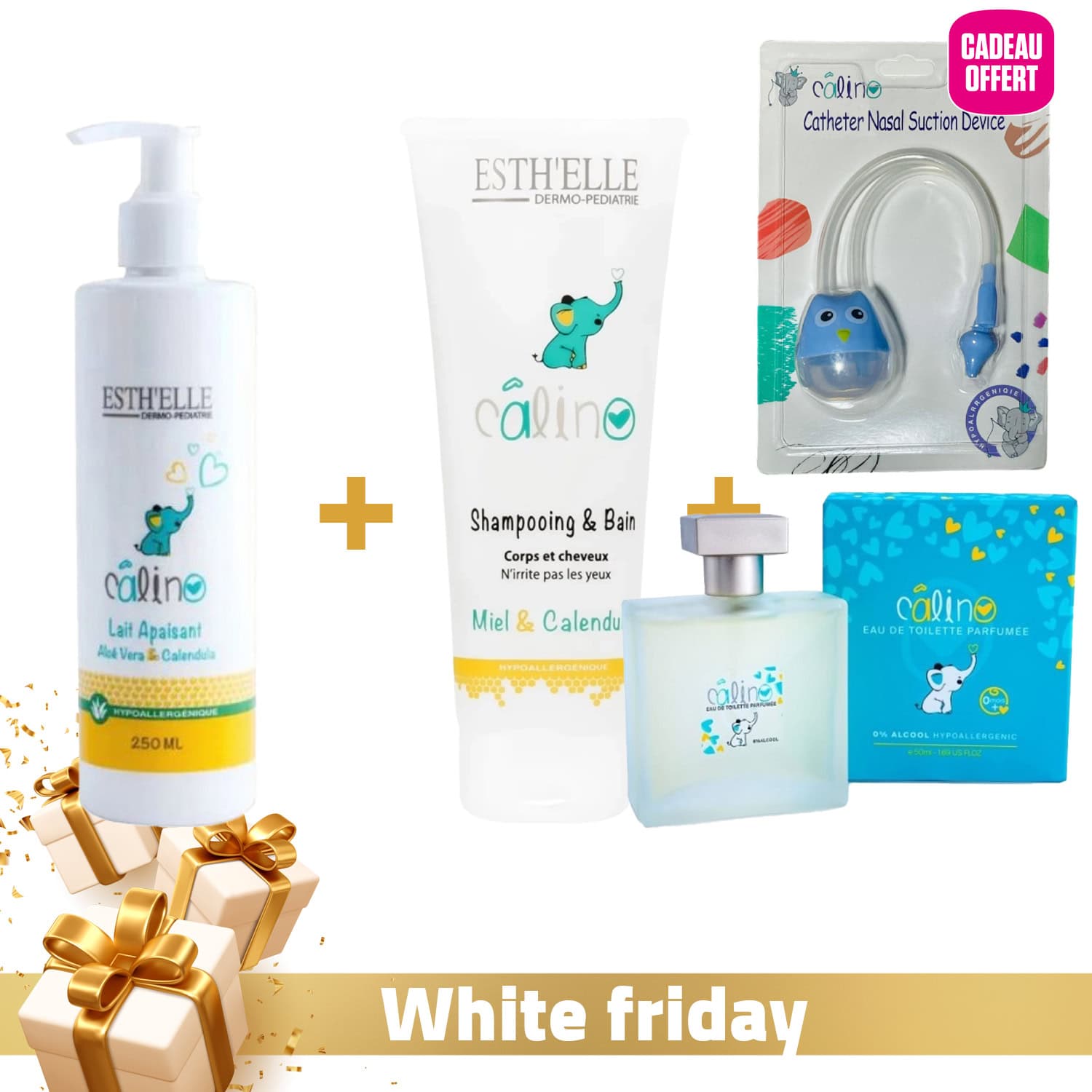 Esthelle Calino Lait Apaisant 250ml + Esthelle Calino Shampoing Corps Et Cheveux 250ml + Calino Eau De Toilette Parfumee 50ml + Aspirateur Nasal Offert