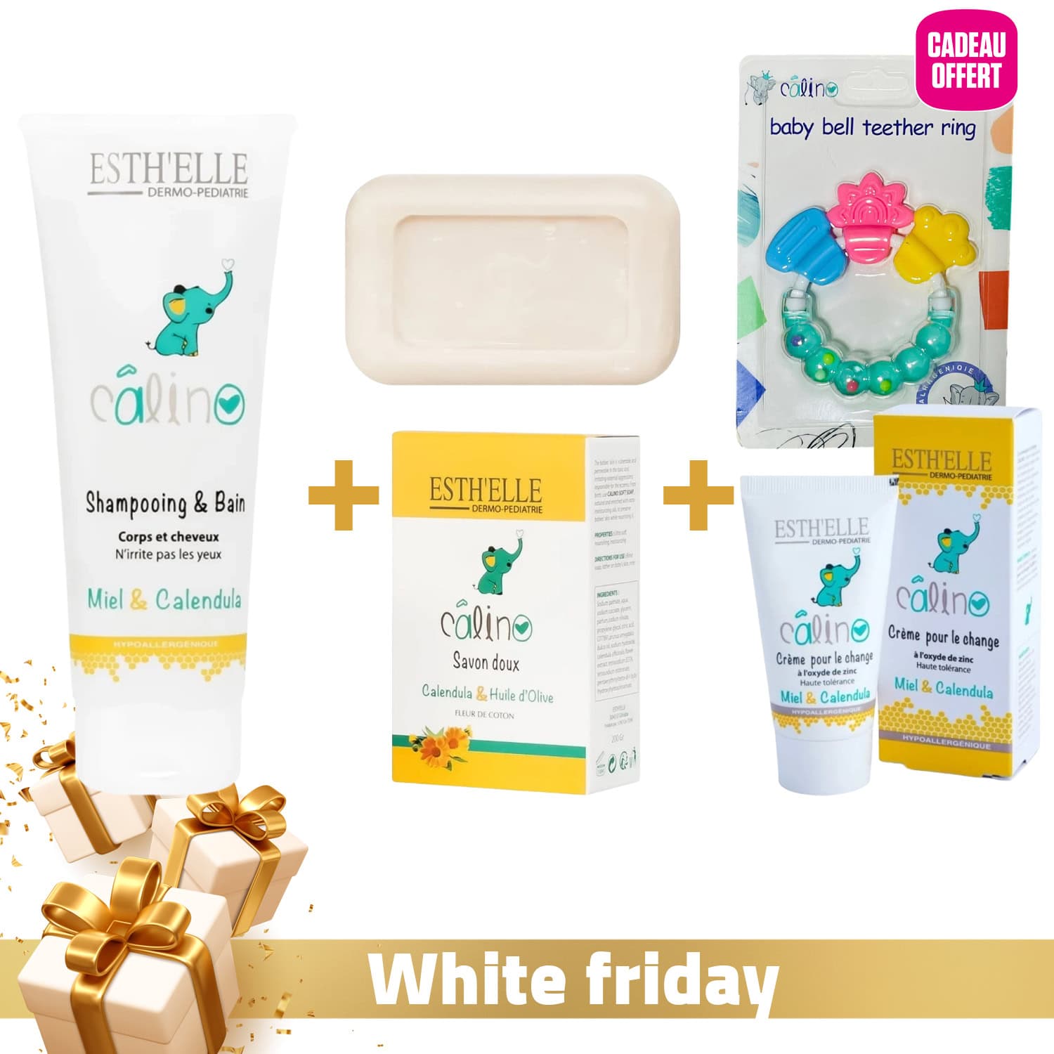 Esthelle Calino Shampoing Corps Et Cheveux 250ml + Esthelle Calino Savon 200g + Esthelle Calino Creme Pour Le Change 50g Offert + Anneau De Dentition Offert