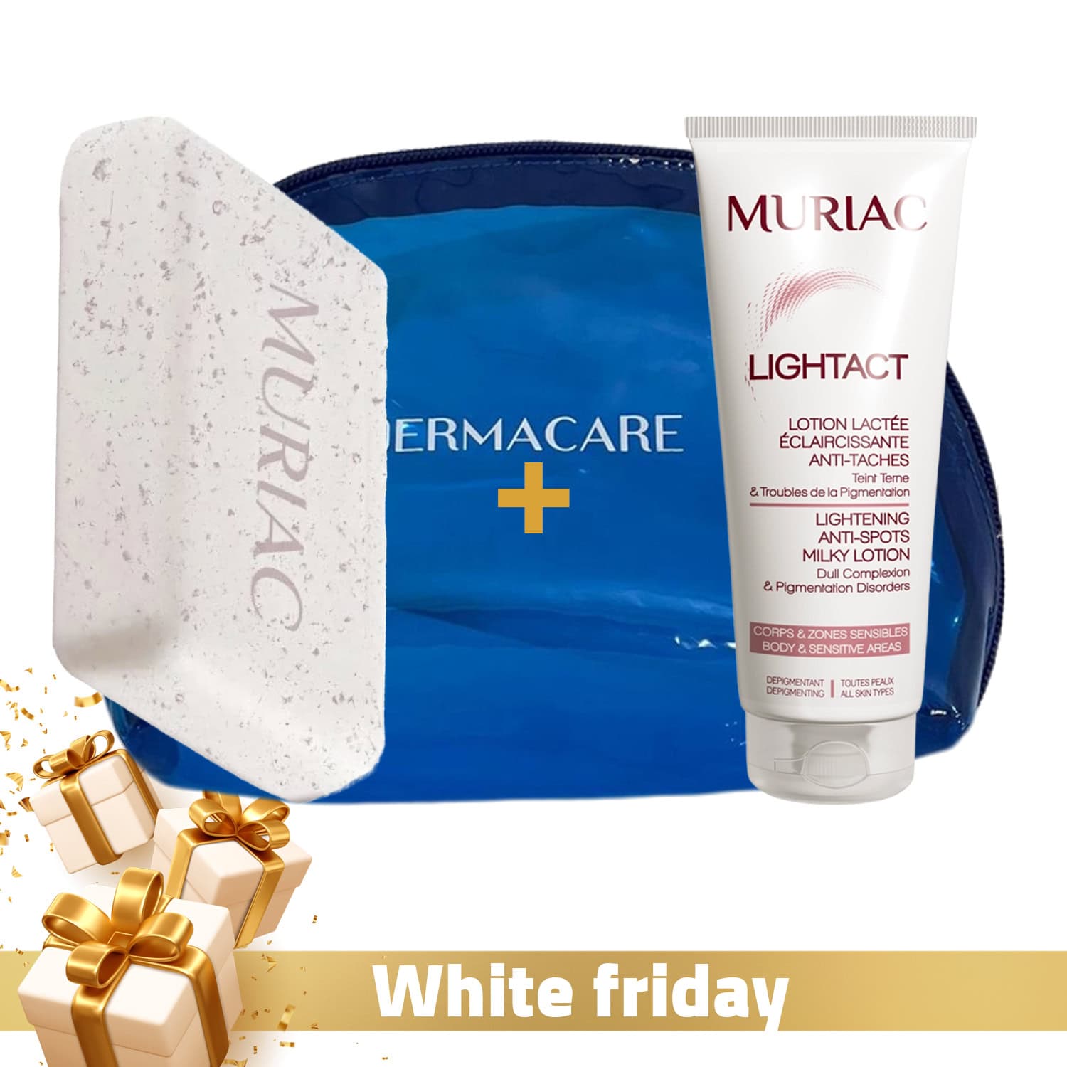 Muriac Lightact Savon Exfoliant + Muriac Lightact Lotion Lactee Eclaircissante Anti-taches Corps Et Zone Sensibles 200 ML + Trousse Offert
