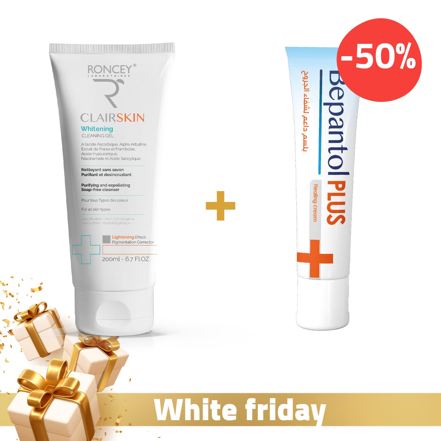 Roncey Clairskin GEL Nettoyant Eclaircissant Anti-taches 200ml + Roncey Bepantol Plus Creme Cicatrisante 30gr Offert