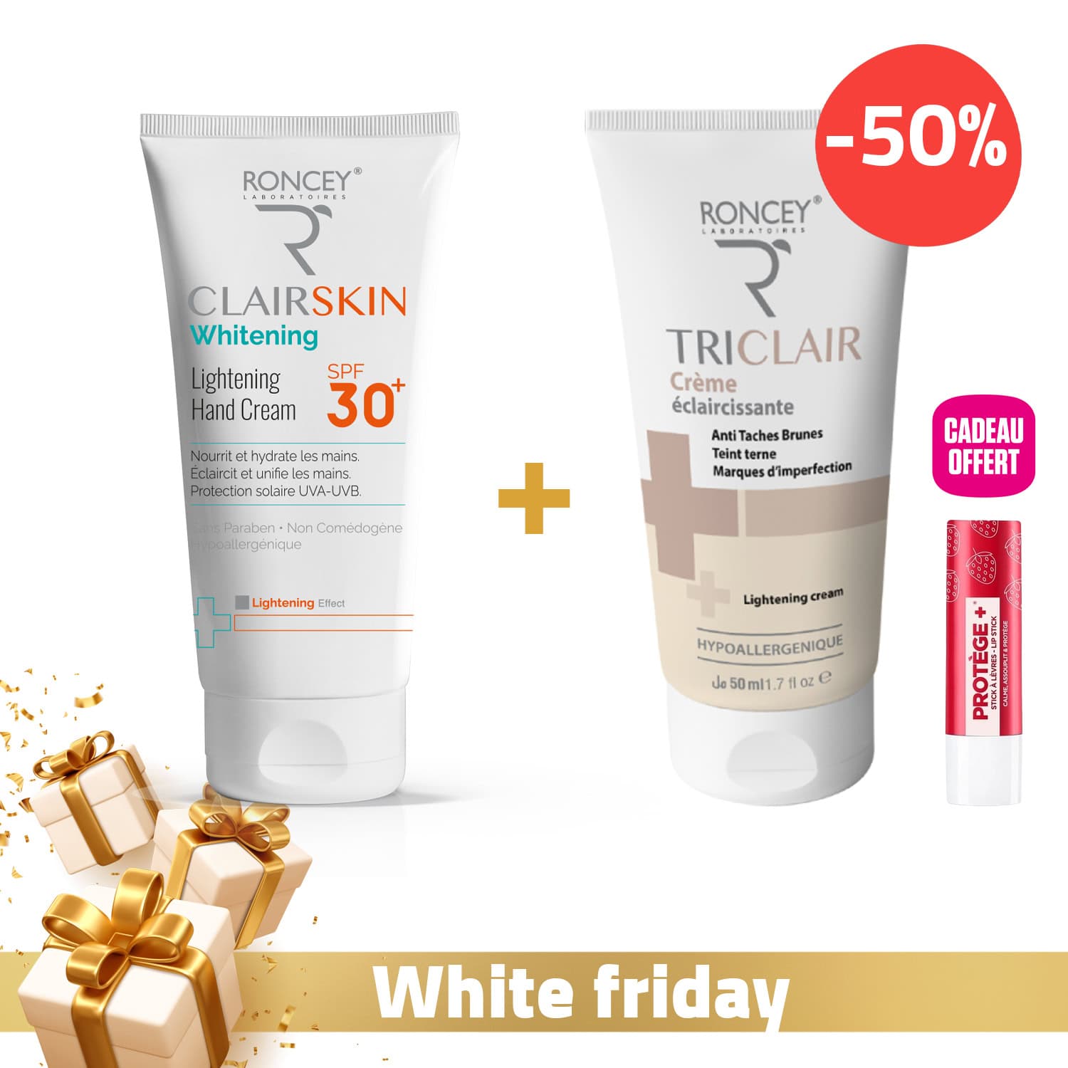 Roncey Creme Mains SPF 30+ + Creme Anti-taches Visage -50% + Baume Levres Offert