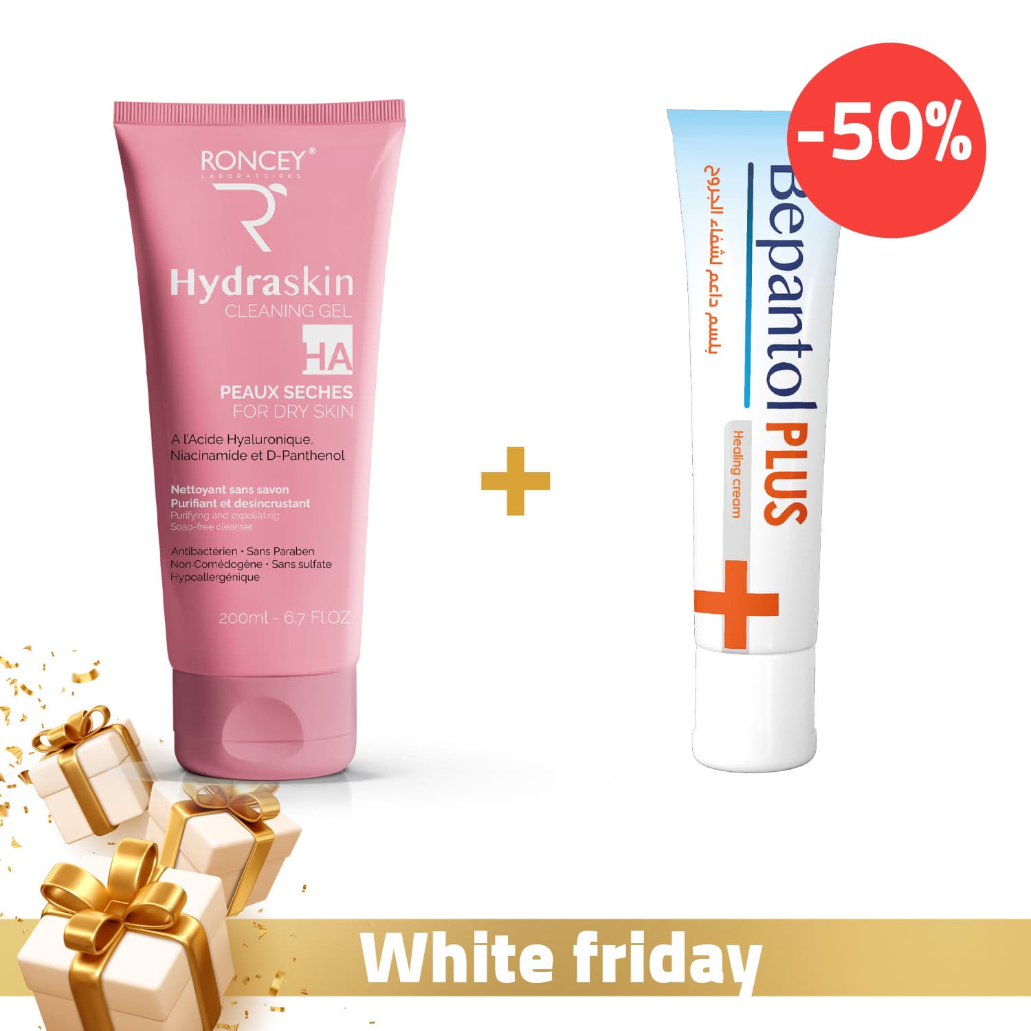 Roncey Hydraskin GEL Nettoyant Pour Peau Seche 200ml + Roncey Bepantol Plus Creme Cicatrisante 30gr Offert