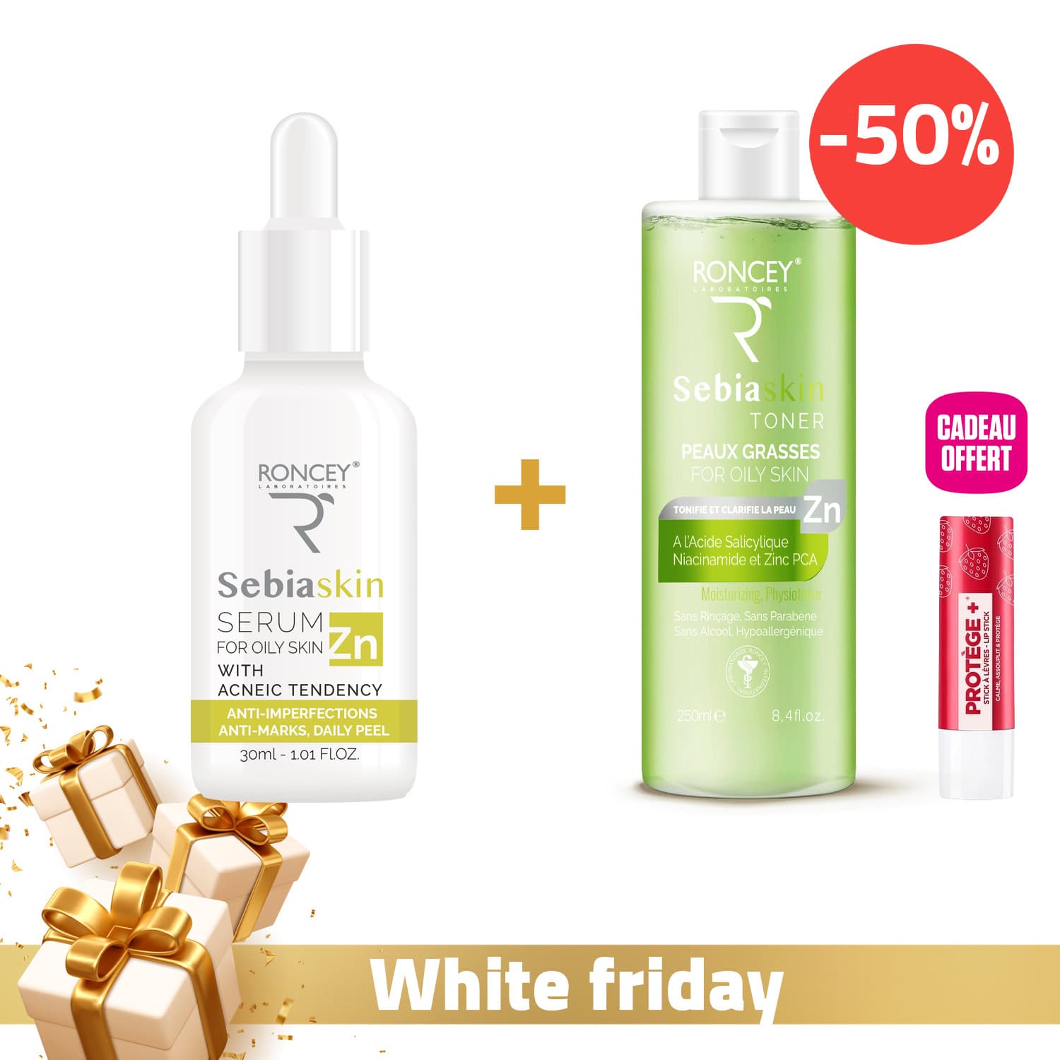 Roncey Serum Anti-acne + Lotion Tonique -50% + Baume Levres Offert
