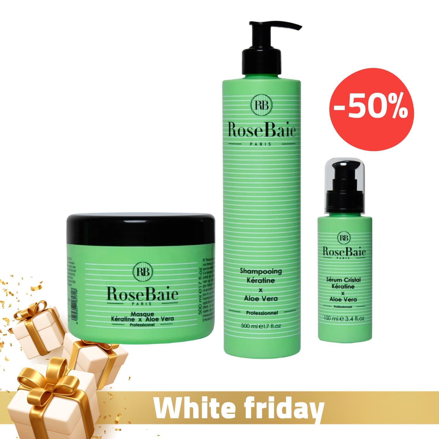 Rosebaie Shampoing Aloe Vera Et Keratine 500ml + Rosebaie Masque A La Keratine Et A L’aloe Vera 500ml + Rosebaie Serum Cristal Professionnels A L’aloe Vera 100ml (-50%)