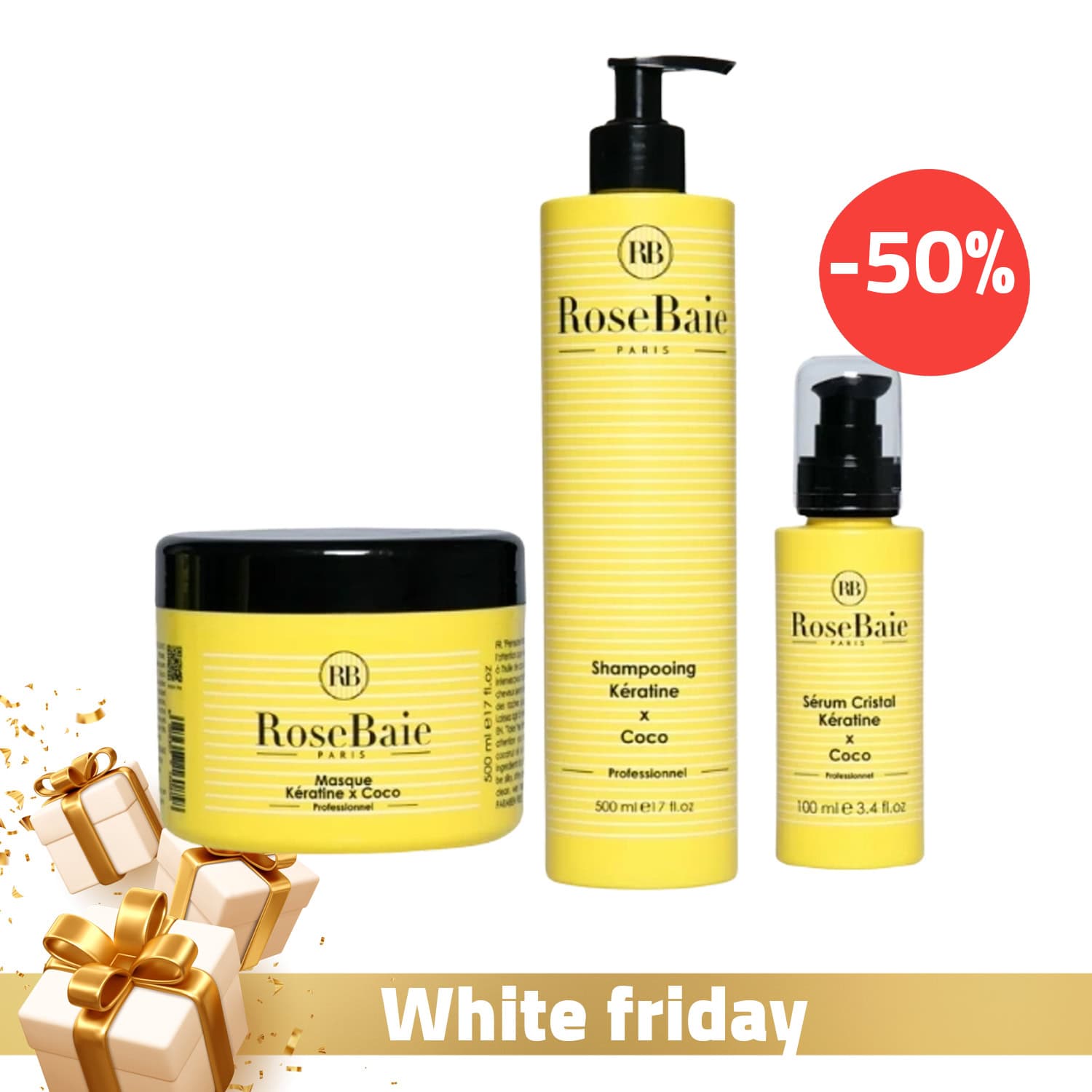 Rosebaie Shampoing Coco Et Keratine 500ml + Rosebaie Masque Coco Et Keratine 500ml + Rosebaie Serum Cristal Professionnel A L’huile De Coco 100ml (-50 %)