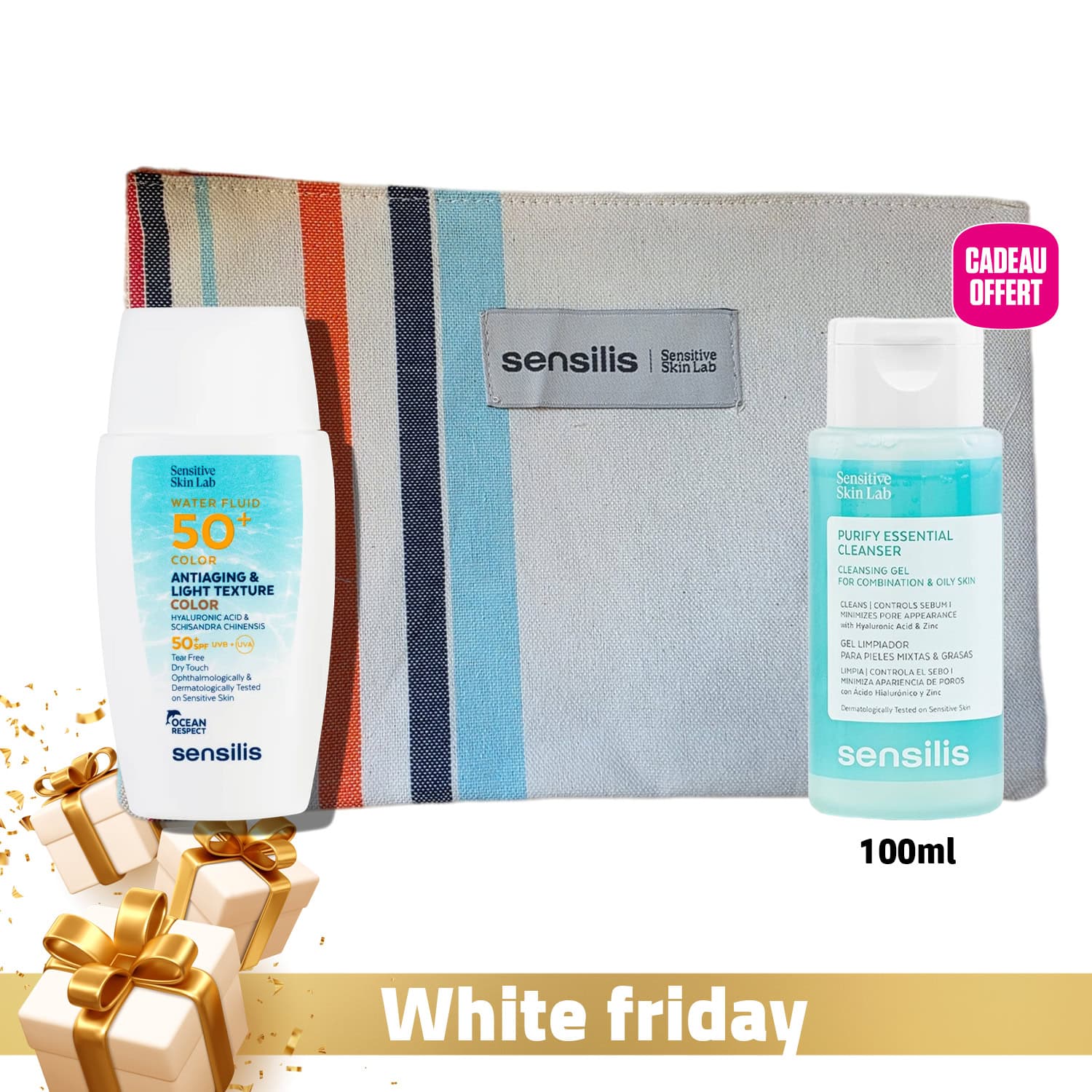 Sensilis Water Fluid Spf50+ Color + Purify Essential Cleanser 100ML Offert + Trousse