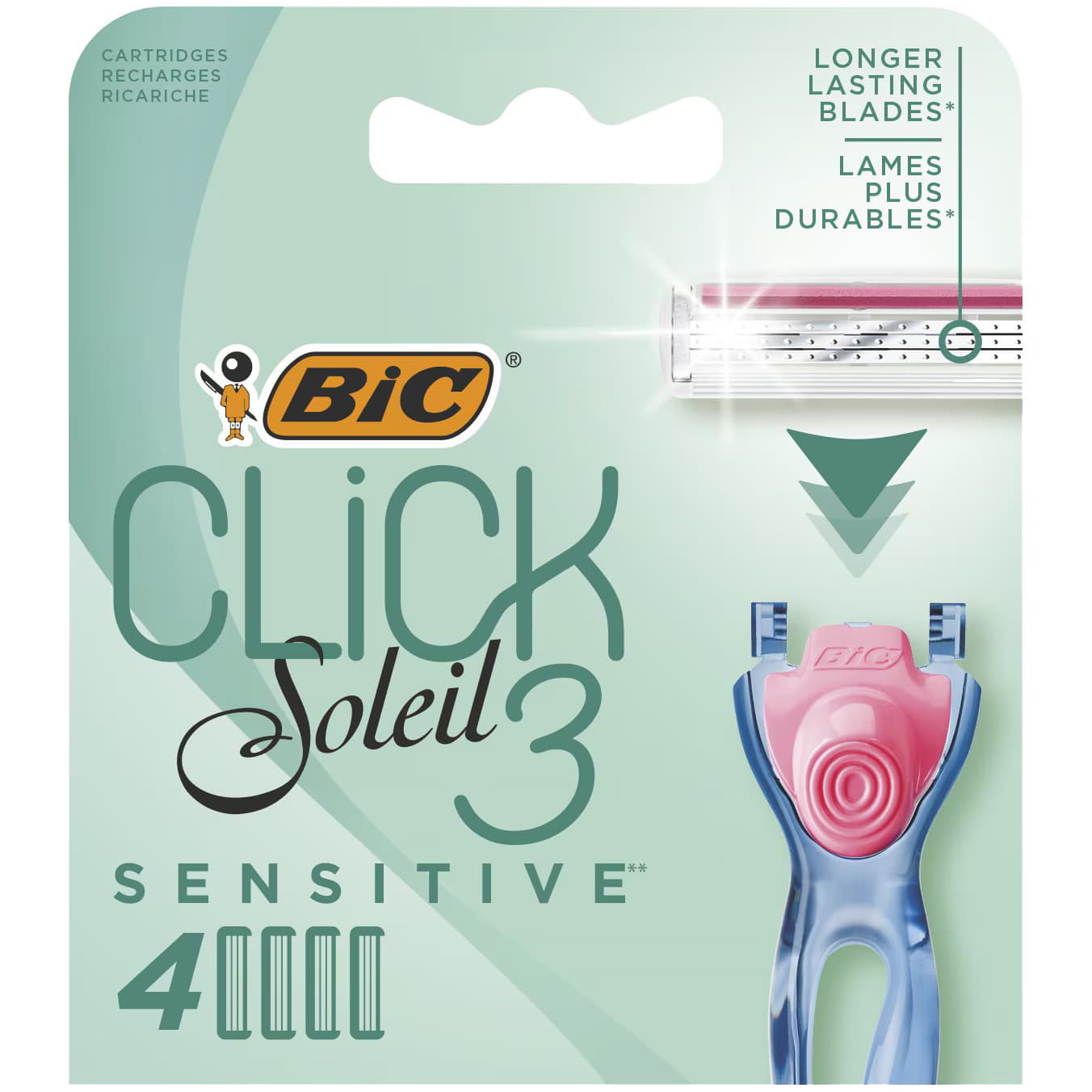 Bic Click 3 Soleil Sensitive Recharges Rasoir Femme 3 Lames Mobiles 4 Pieces