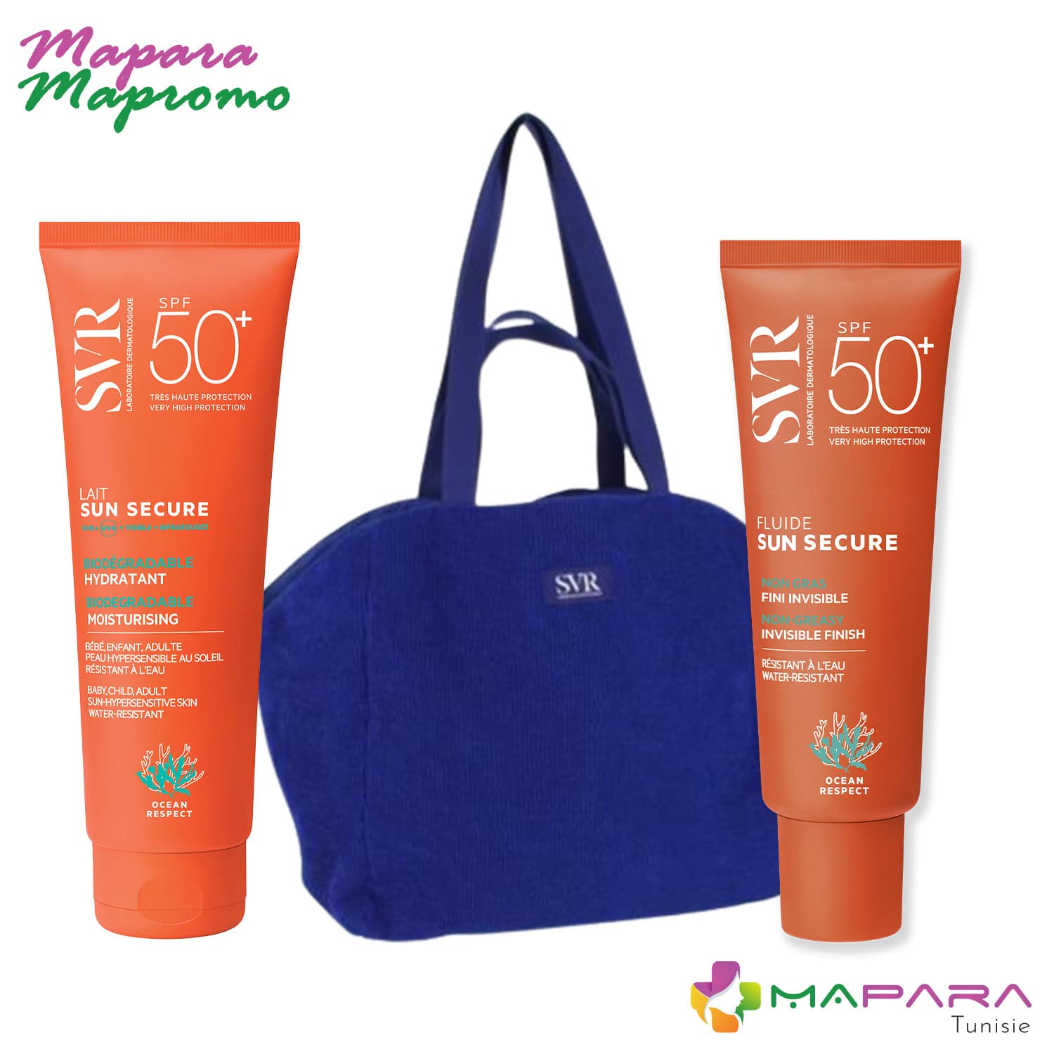 SVR Sun Secure Lait Hydratant Invisible Spf50+ 250ml + Sun Secure Fluide Spf50+ 50ml + Sac De Plage En Bleu (offert)